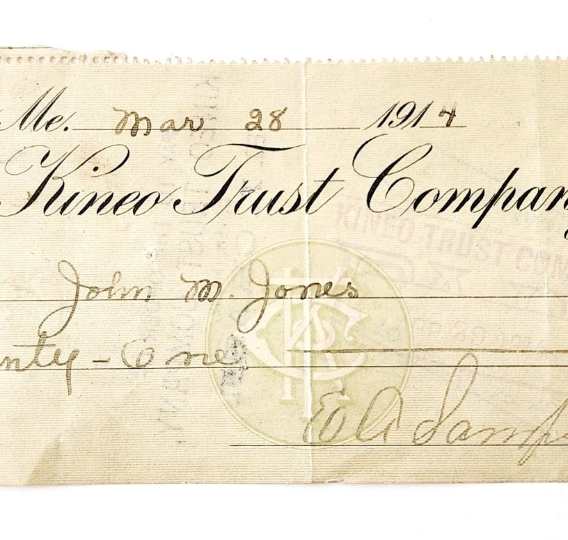 1914 Kineo Trust Company Bank Check E.A. Sampson Dover Maine Signed 6235 CHX8