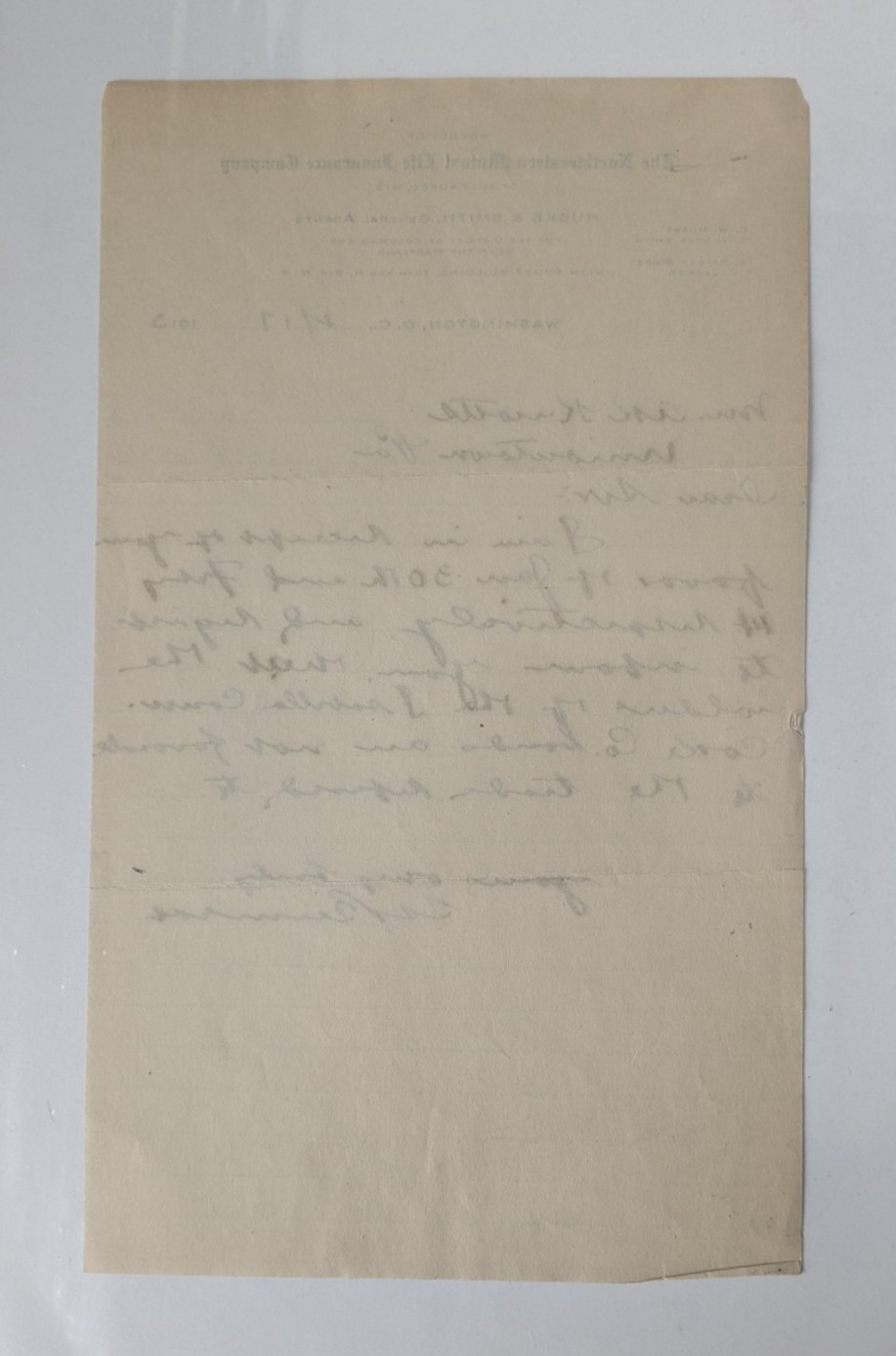 1913 Northwestern Mutual Life Insurance Handwritten Letter Washington DC