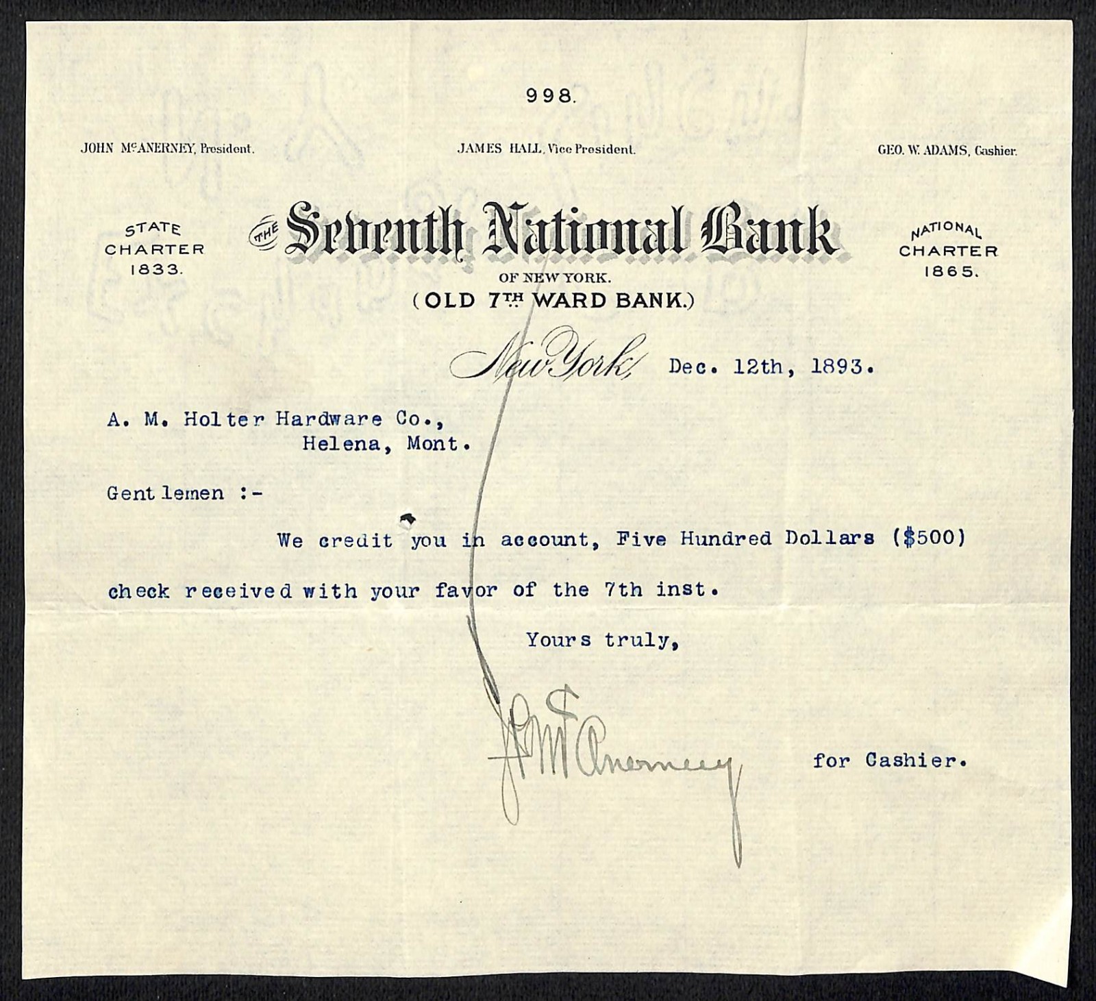 Seventh National Bank New York 1893 TLS Receipt Letterhead A.M. Holter* (#22)