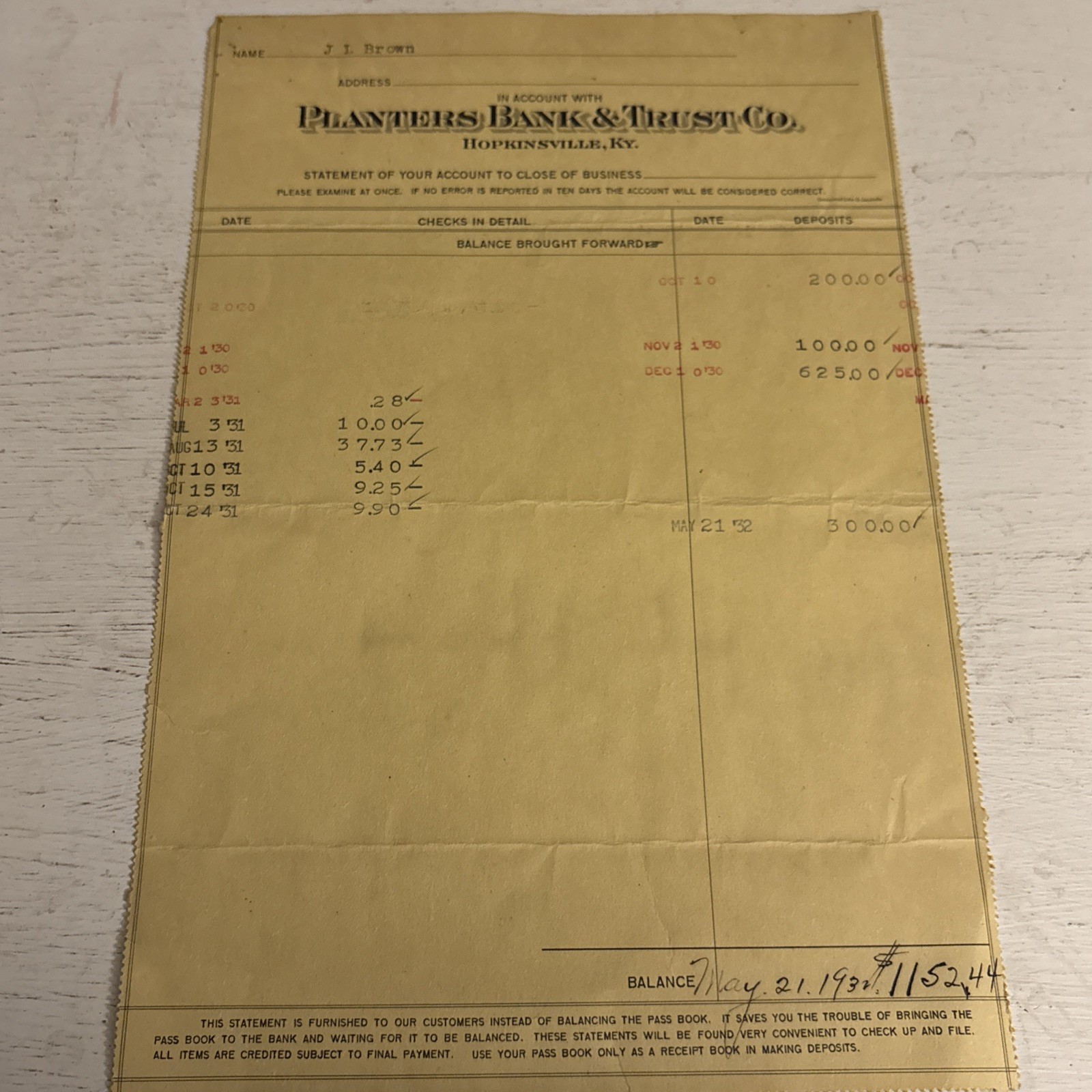 Planters Bank & Trust Co Hopkinsville, KY (May 21, 1932) Account Statement