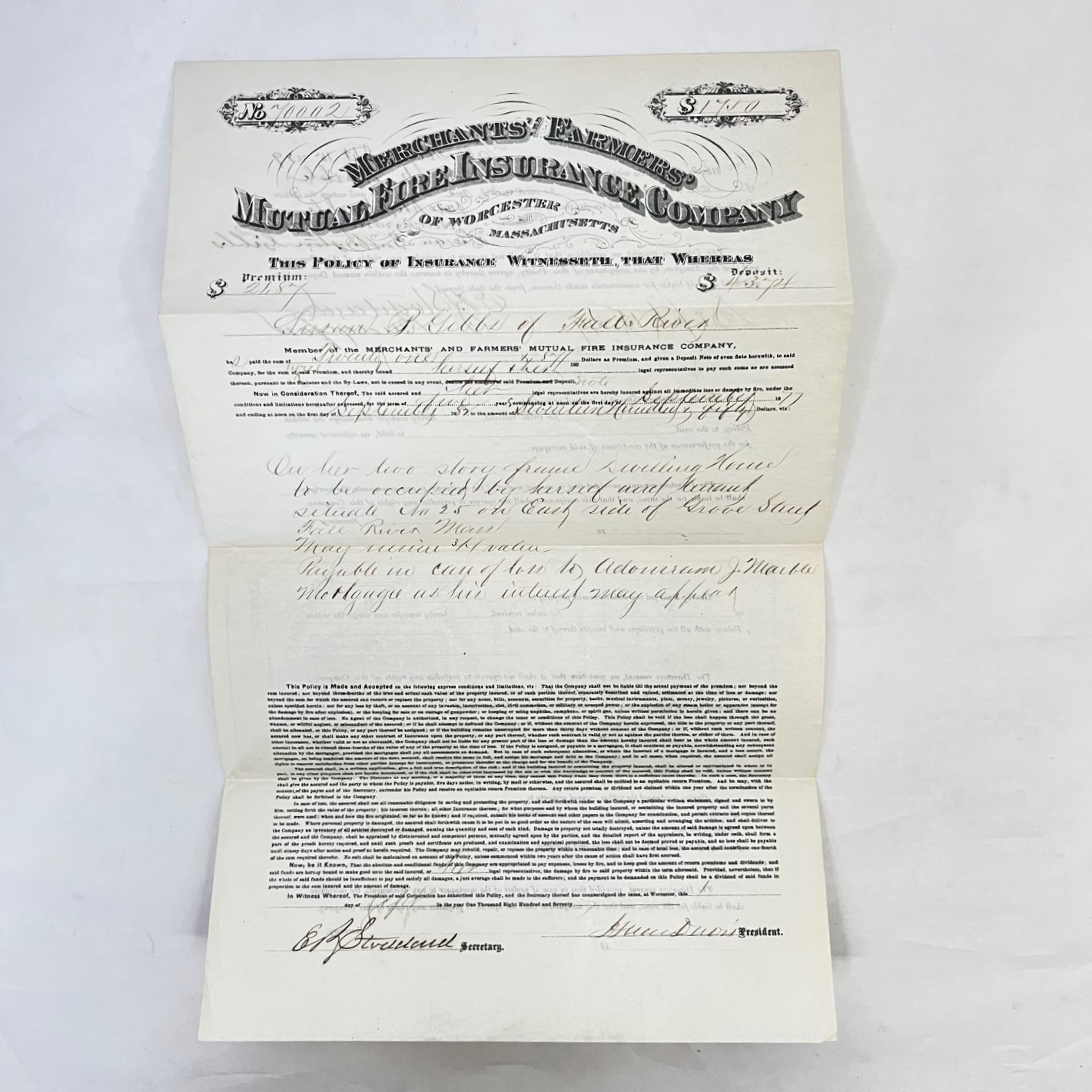 1877 Merchants And Farmers Mutual Fire Insurance Co. Policy Worchester Mass