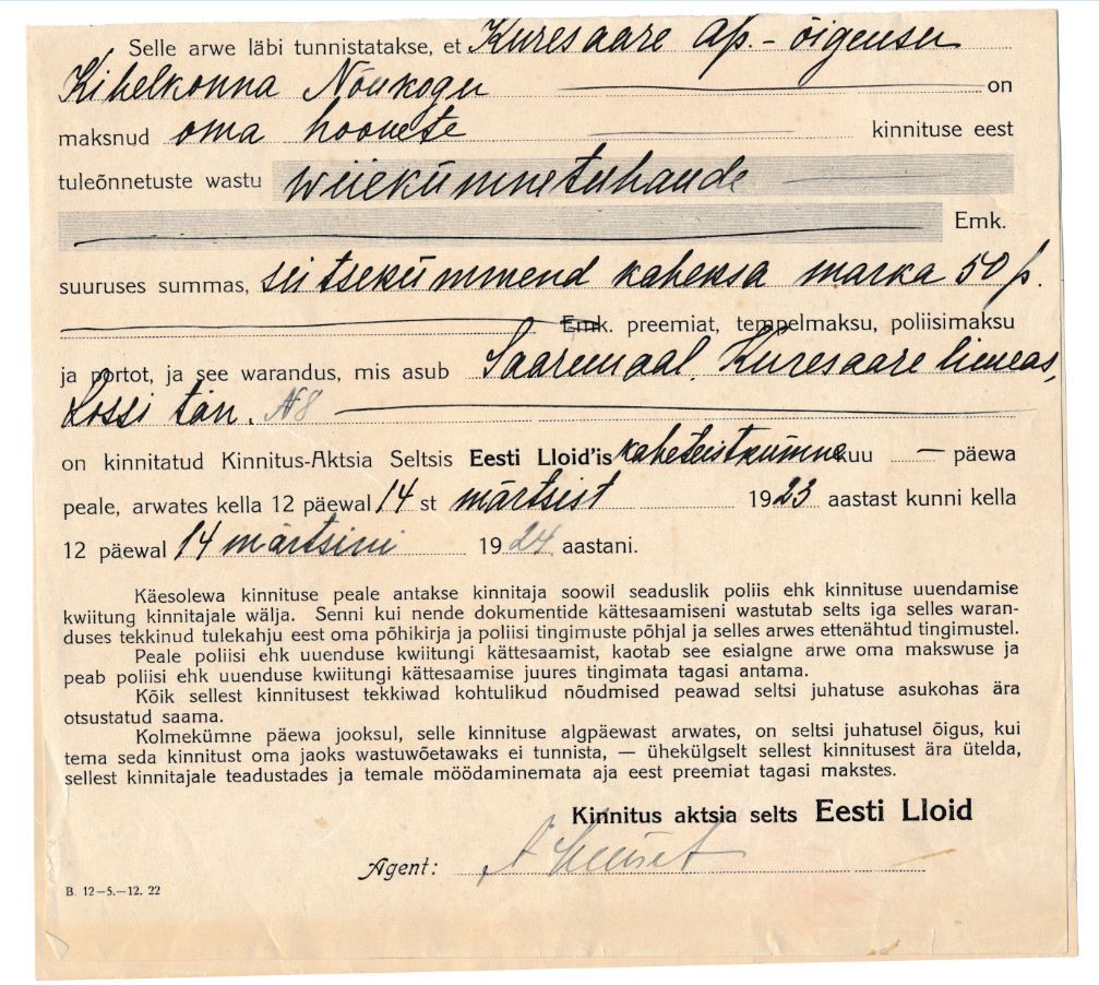 1923 Estonia Estonian LLOYD LLOID Company Insurance Policy LARGE FORMAT Rare