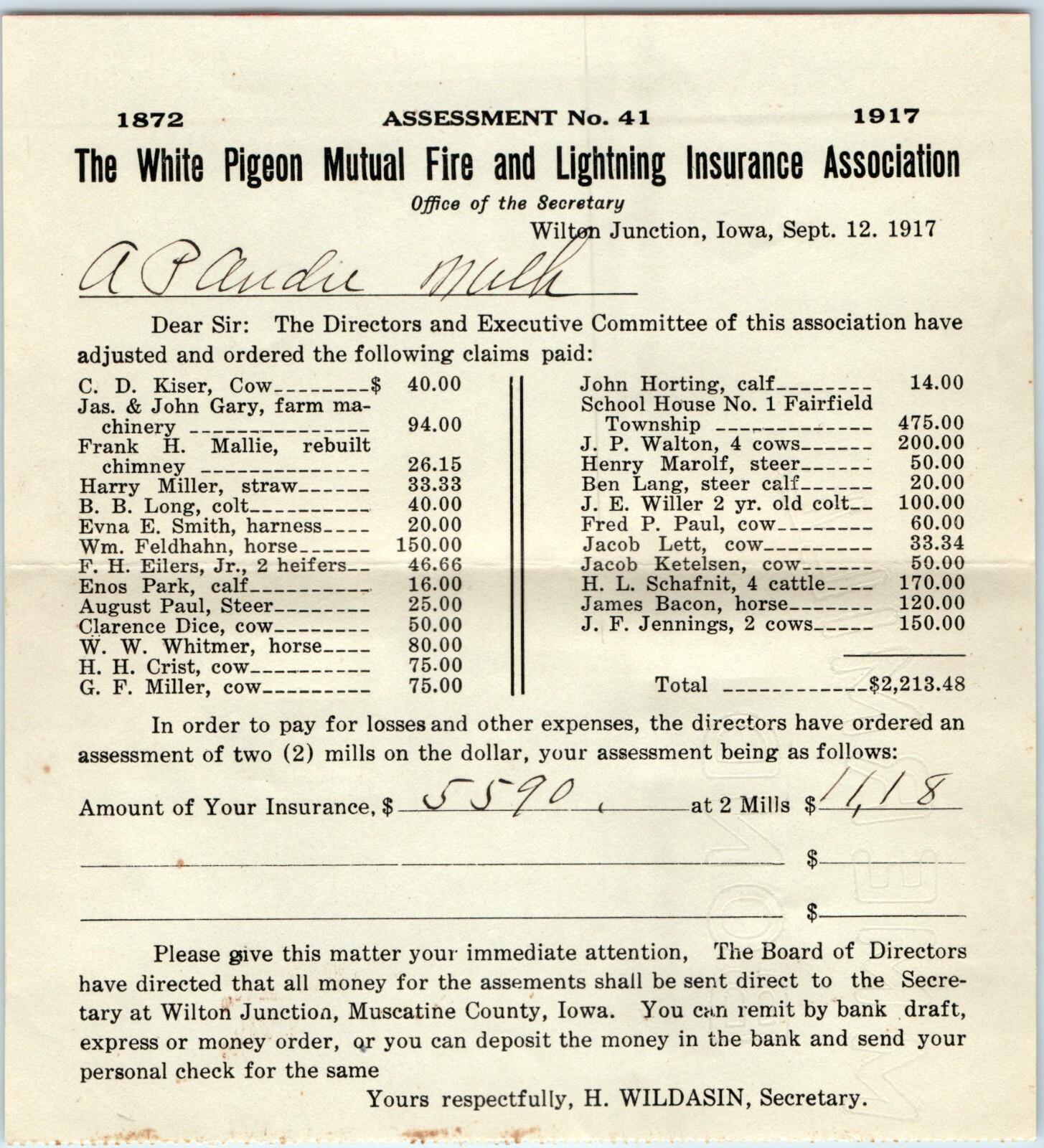 1917 Wilton Junction, Iowa White Pigeon Fire Insurance Claim Letter Cover IA 3C