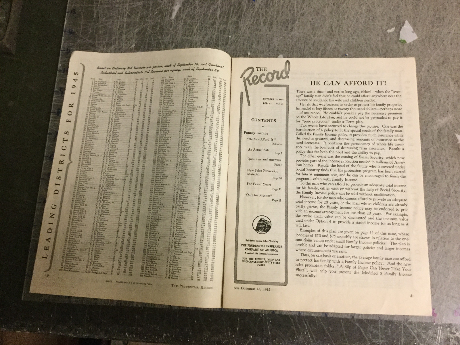 Original THE PRUDENTIAL RECORD oct 15 1945 — 12pgs