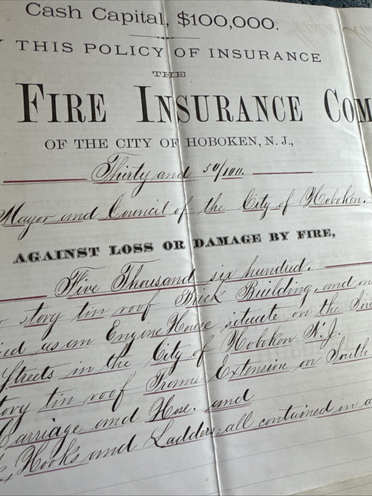 Vintage Hoboken Fire Insurance Co Policy 1872 Ephemera