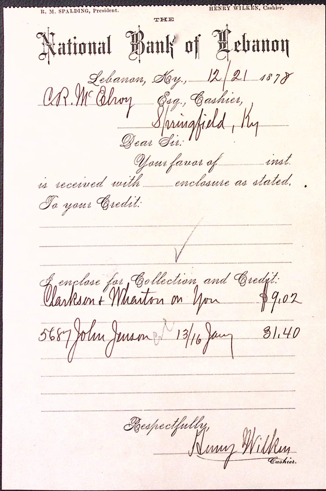 1878 National Bank of Lebanon Billhead Lebanon KY 5.25 x 7.75″