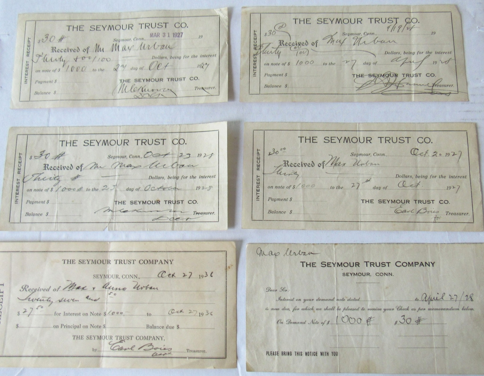 1920’s Note Interest Receipt Lot Seymour CT Trust Company Max Urban Banking