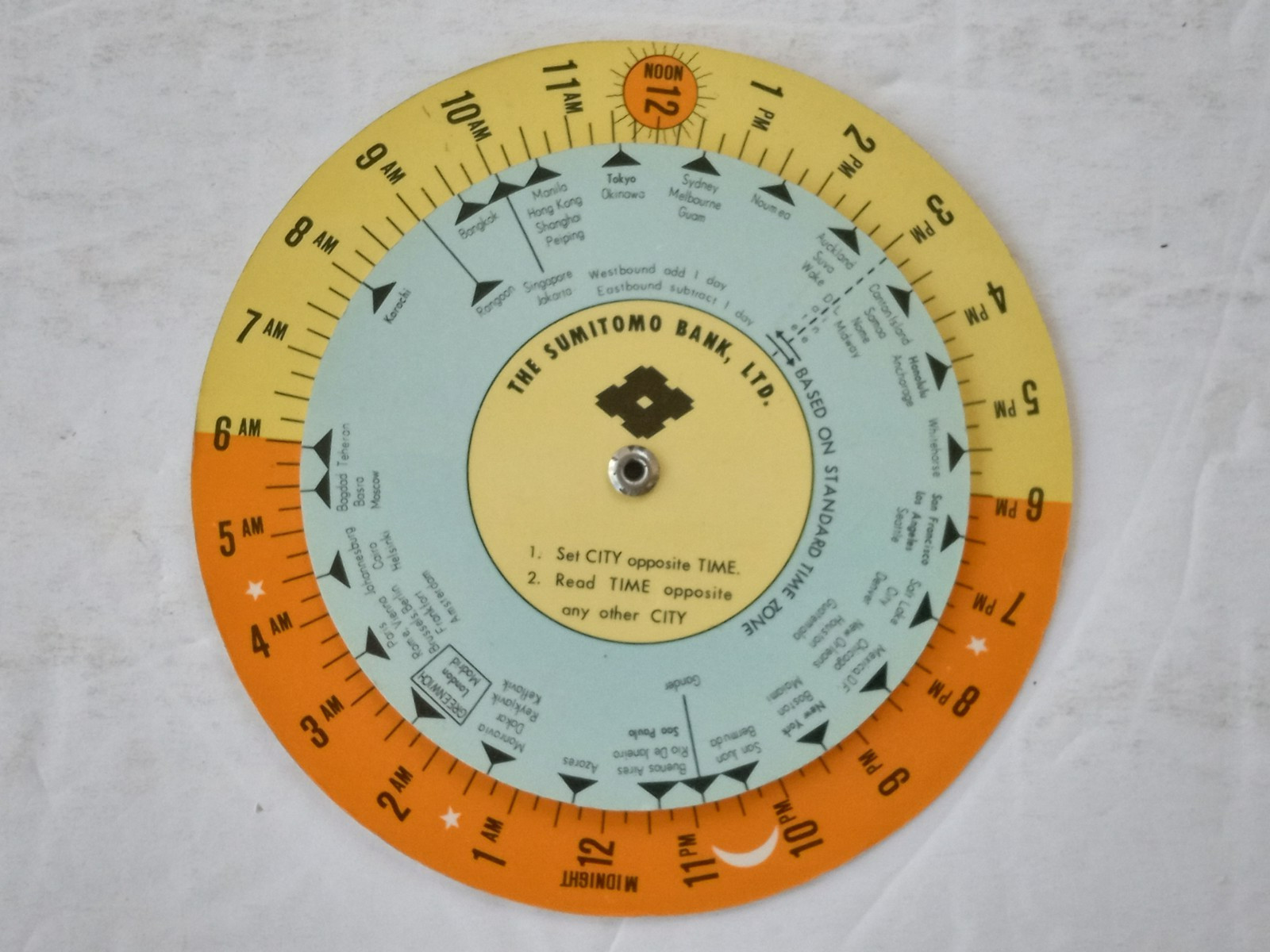 SUMITOMO BANK Japan Mechanical Wheel Yen to Dollars & World Time Zones PREMIUM