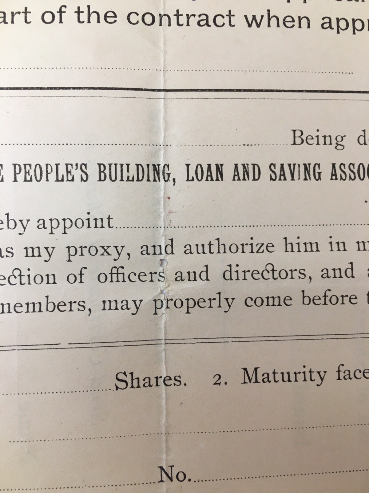 1890 Geneva New York The People’s Building Loan & Saving Assoc Share Application