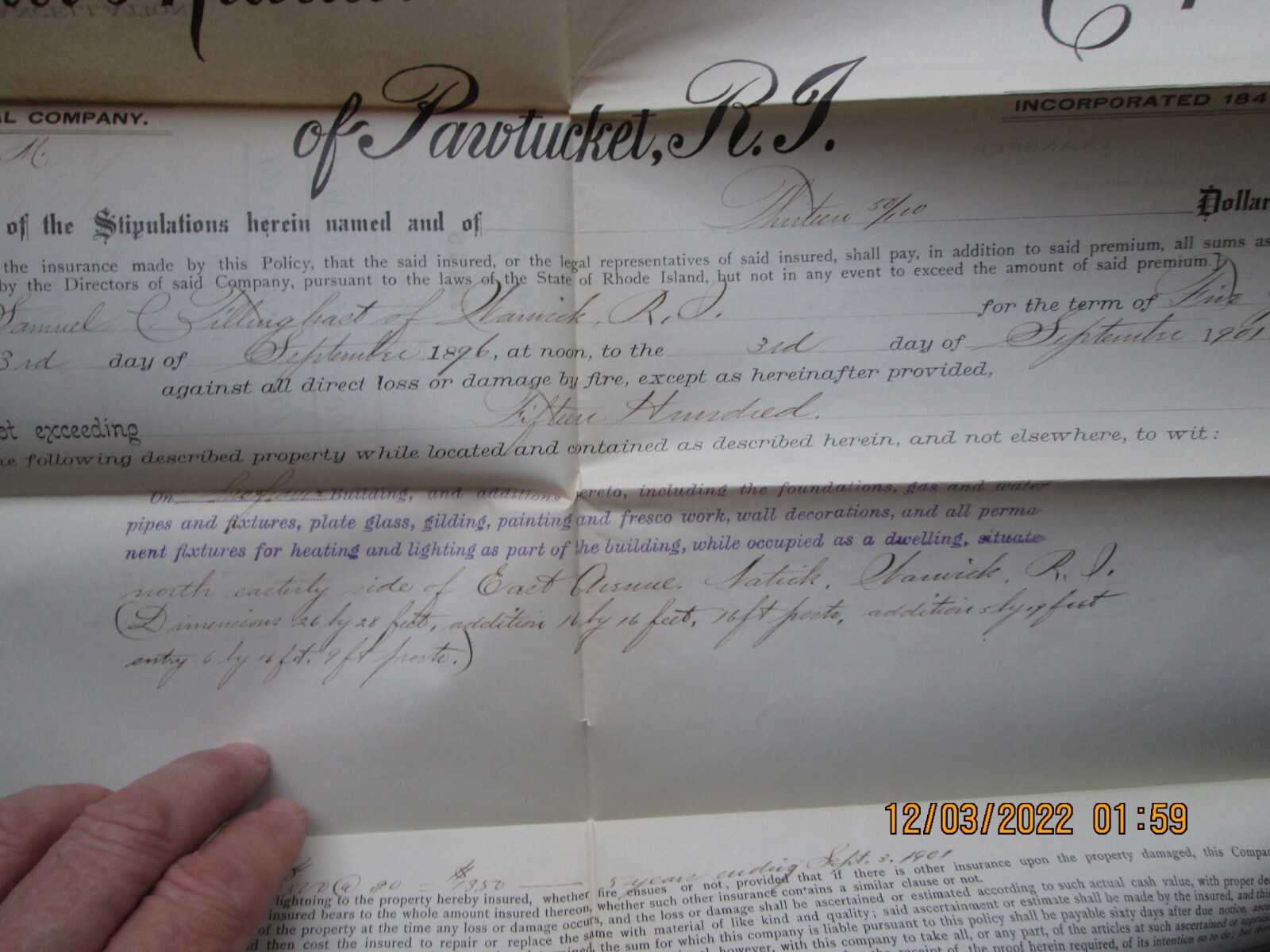 POWTUCKET mutual fire insurance co POWTUCKET Rhode Island policy 1901