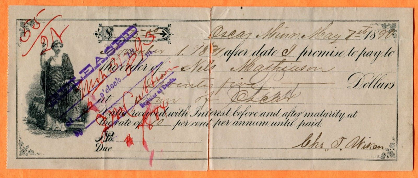 Oscar, MN, $75 Promissory Note 1890 to Nels Mathiason, See Scan