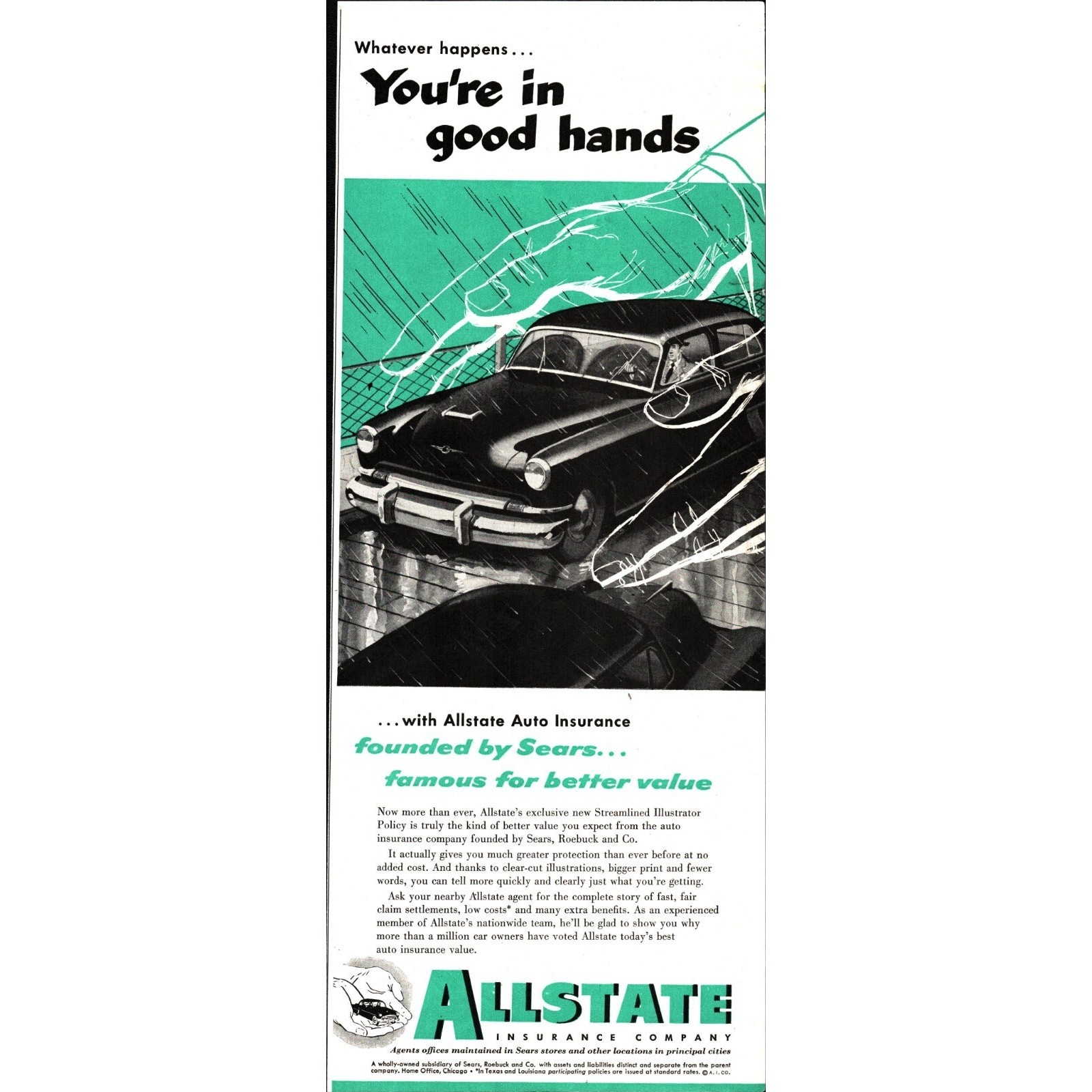 1952 All State Auto car insurance you’re in good hands color AD d3