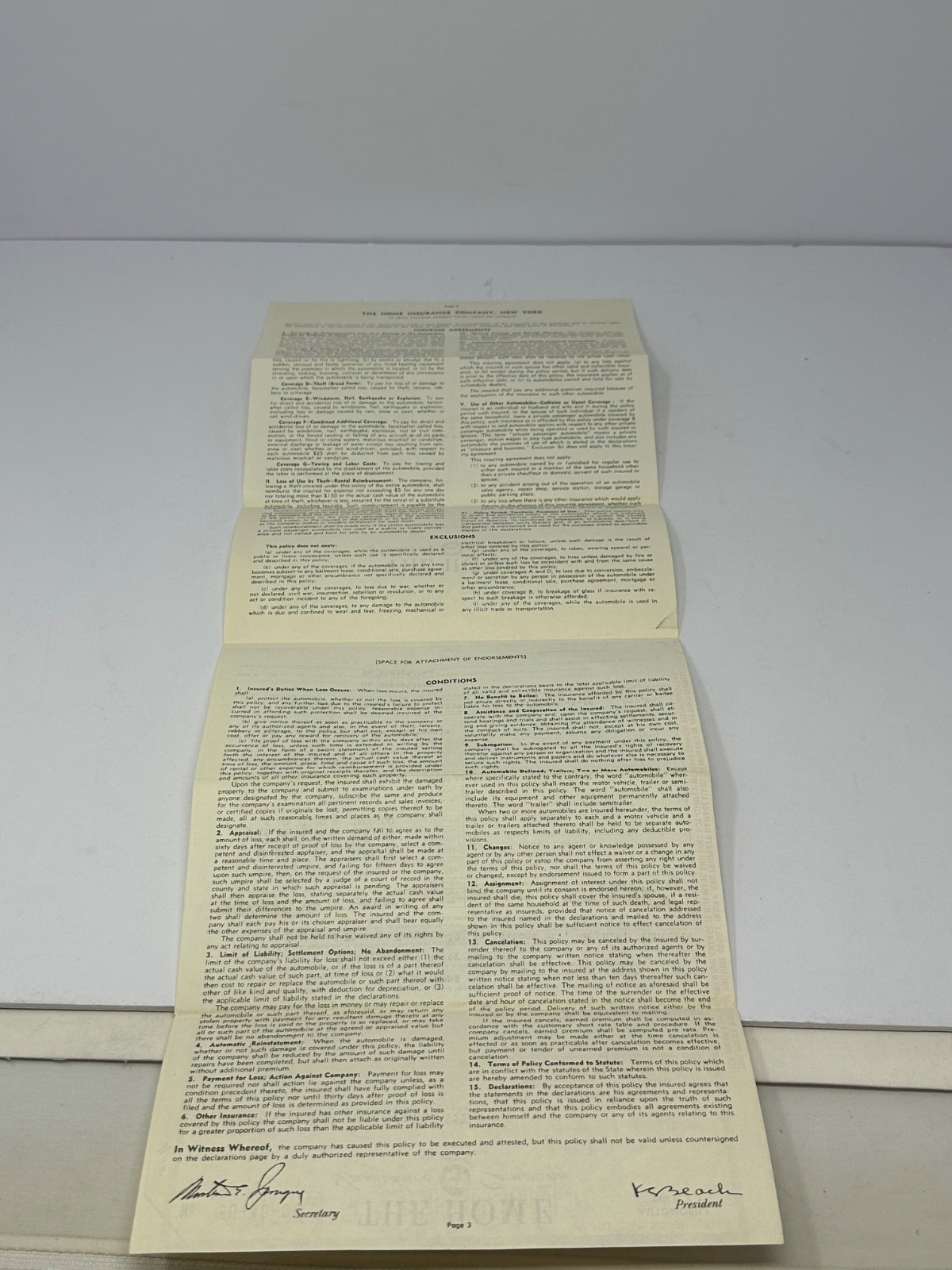 Vintage 1955 Home Insurance Co. Auto Insurance Policy for 1956 Harley Davidson