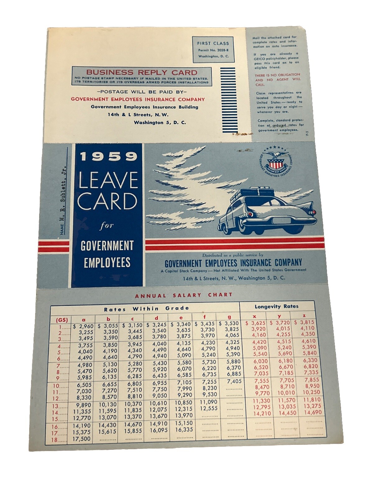 1959 GEICO Government Postal Employees Leave Card Mail Post Office Mt. Rushmore