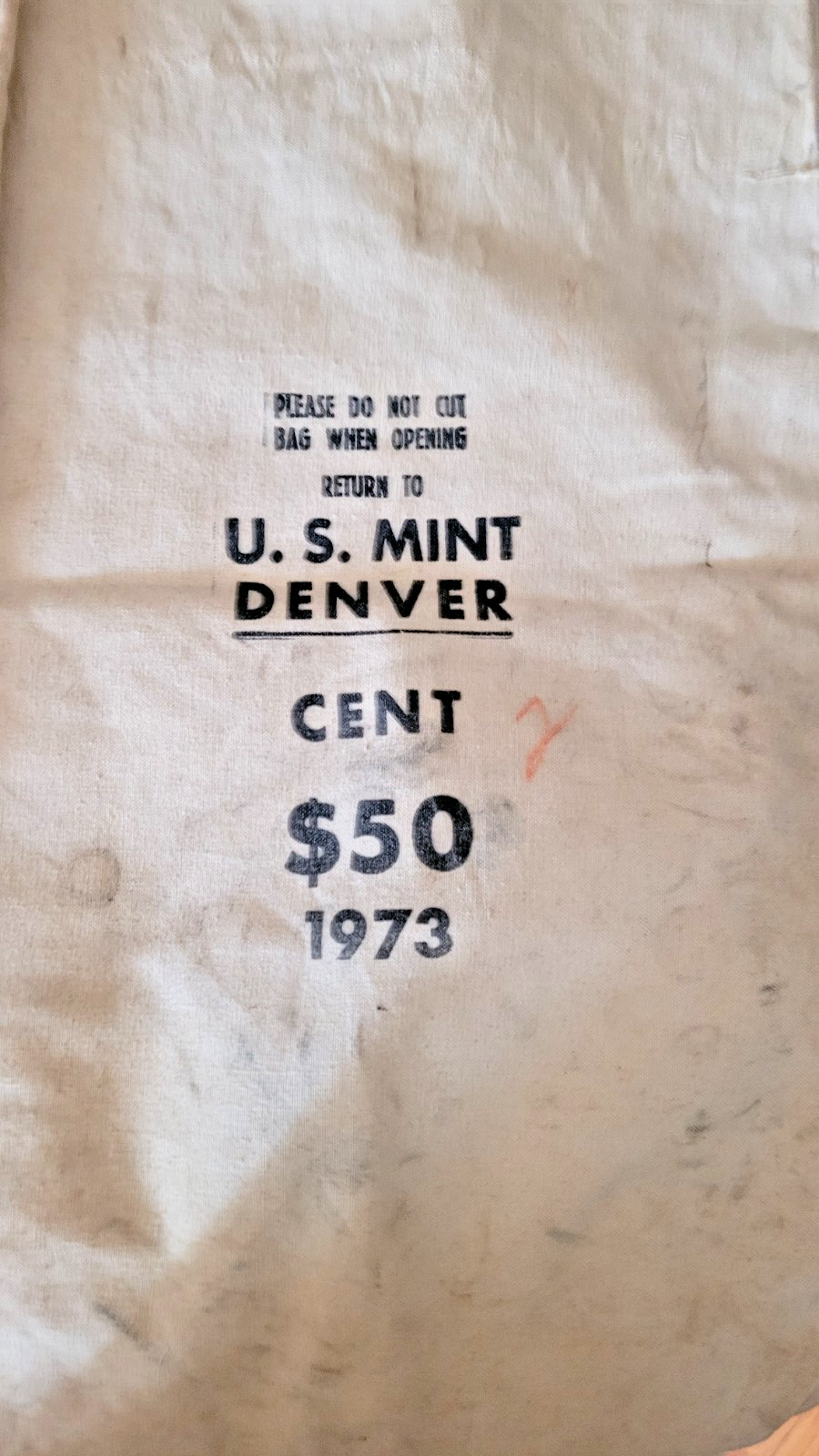 Vintage 1973 U.S. Denver Mint $50 Penny Canvas Bag Stamped 1973 and US Mint Bag