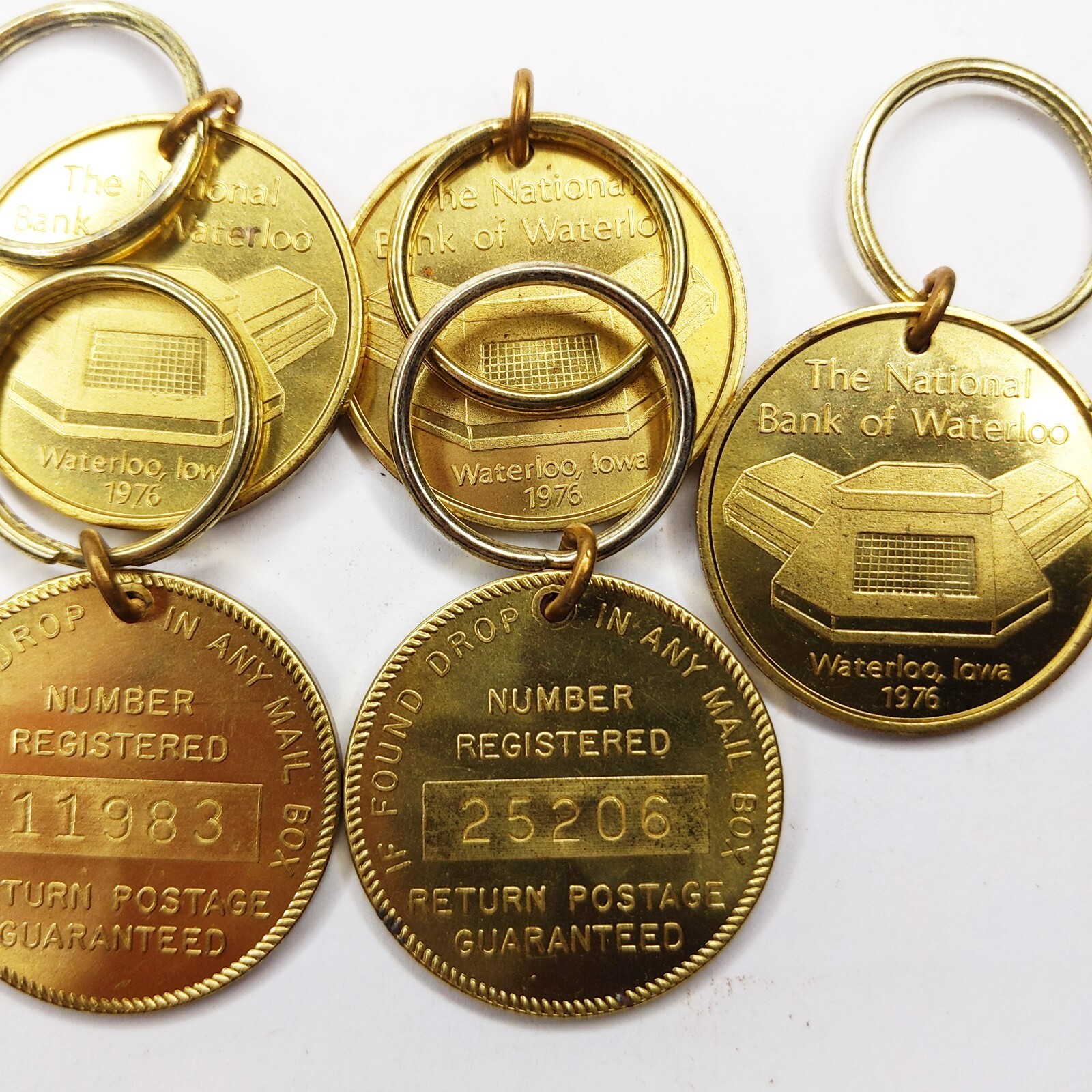 LOT 1976 National Bank Waterloo Iowa Keychain Tokens Brass Advertising Bldg 6D