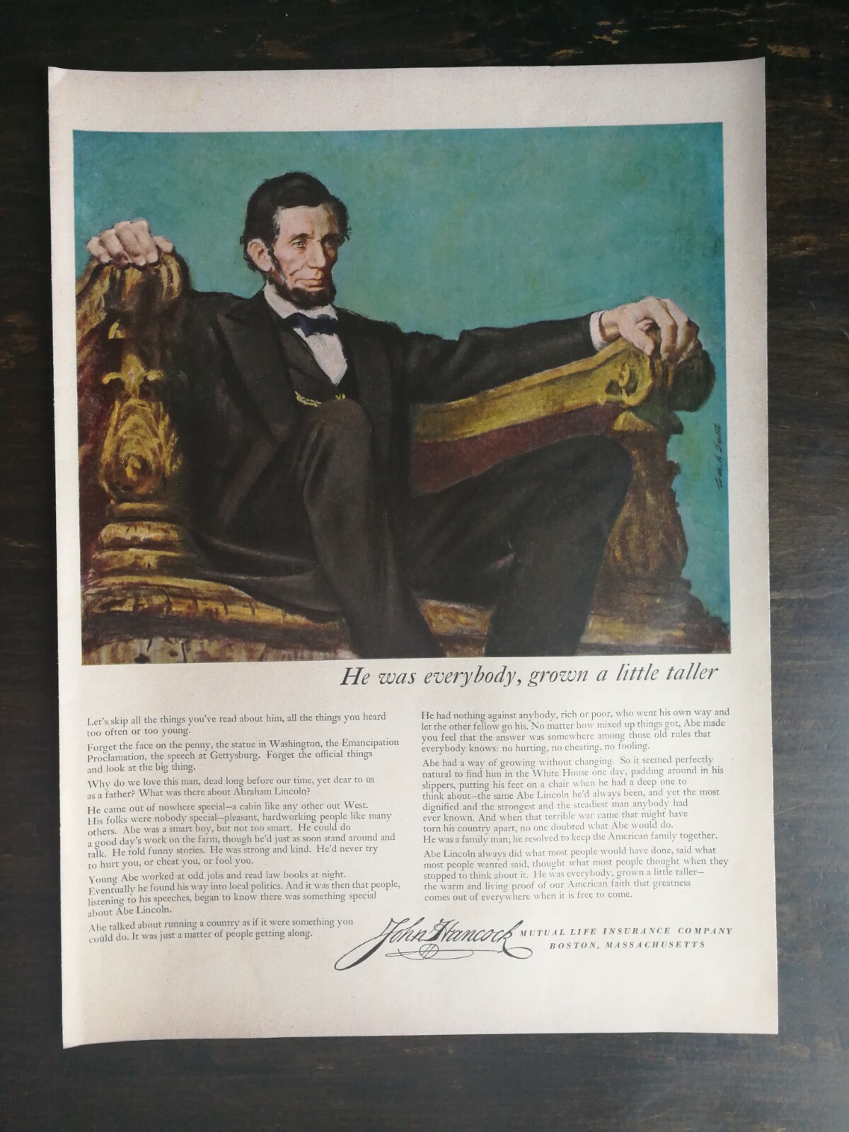 Vintage 1952 John Hancock Insurance Abraham Lincoln Full Page Original Ad 1221