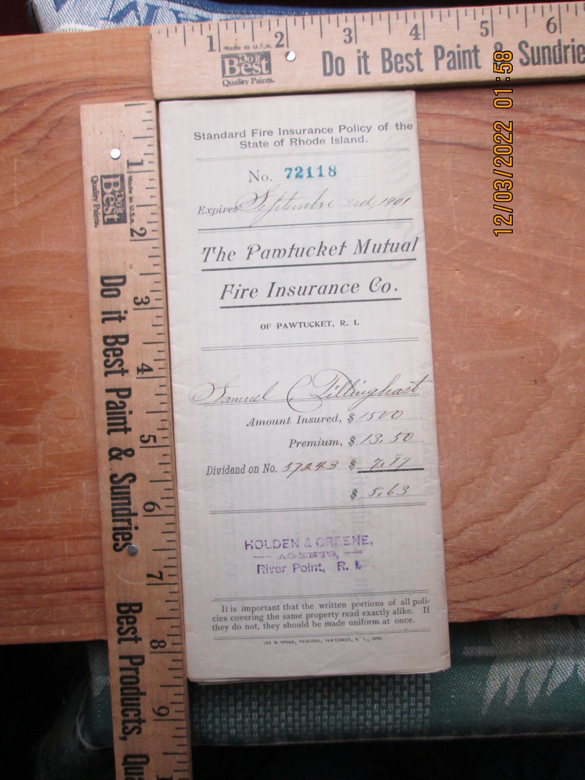 POWTUCKET mutual fire insurance co POWTUCKET Rhode Island policy 1901