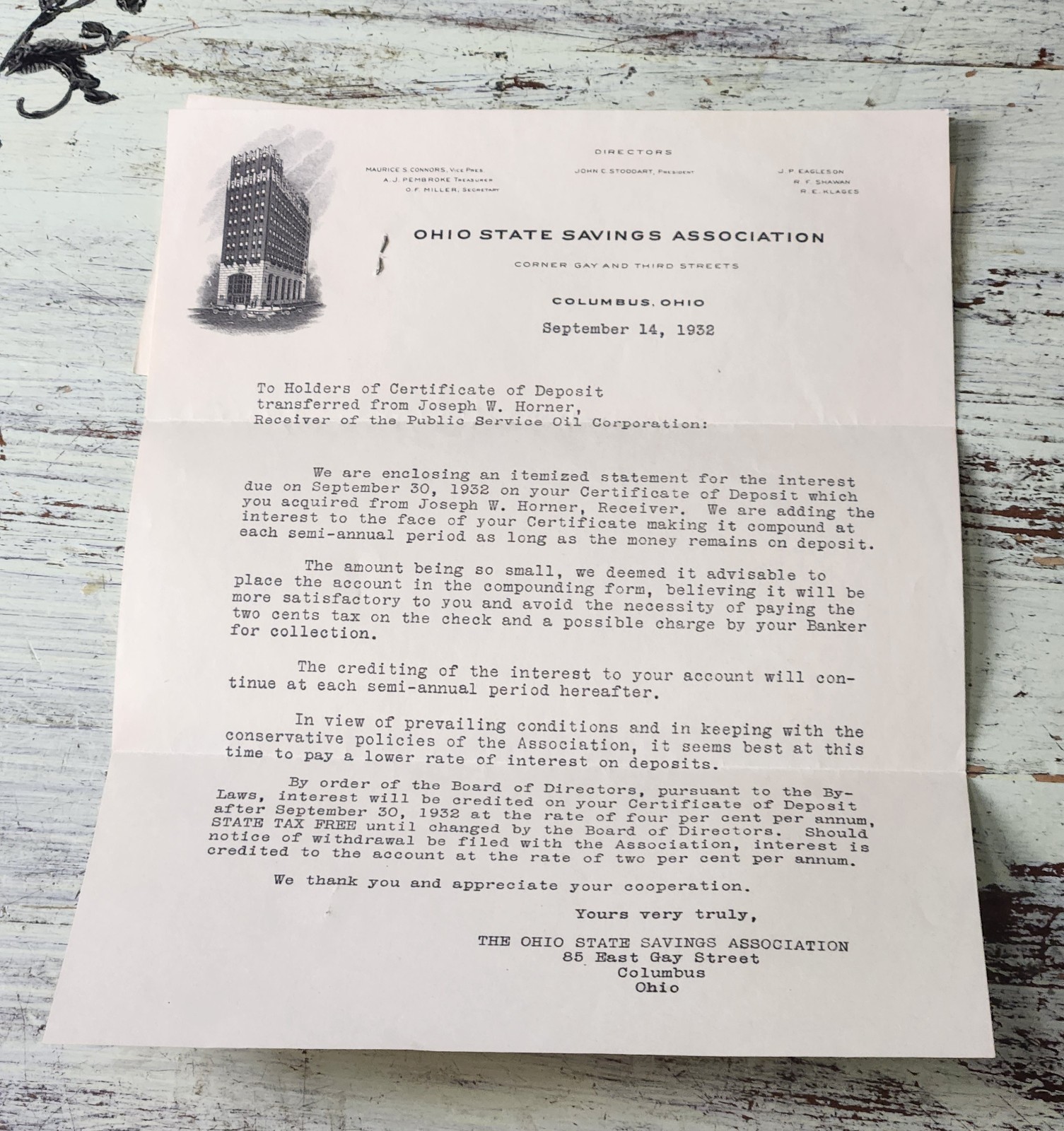 1932 Ohio State Savings Assoc. Letter & Deposit Stub – Depression Era Oil Tie