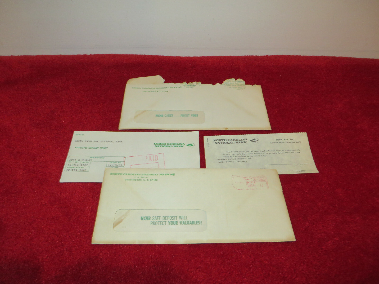 NCNB North Carolina National Bank 1960s Greensboro NC Employee Receipt & Envs