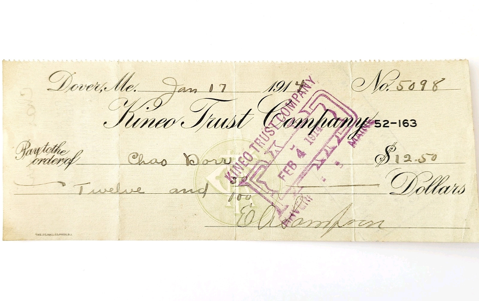 1914 Kineo Trust Company Bank Check E.A. Sampson Dover Maine Signed 5098 CHX9