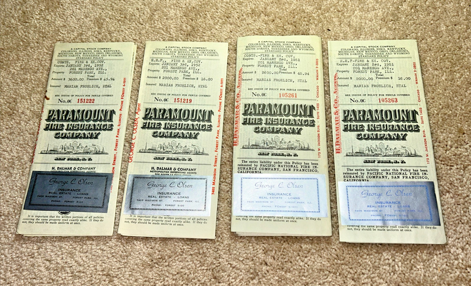 4-1950 / 1951 / 1952 PARAMOUNT FIRE INSURANCE COMPANY Policy Certificates