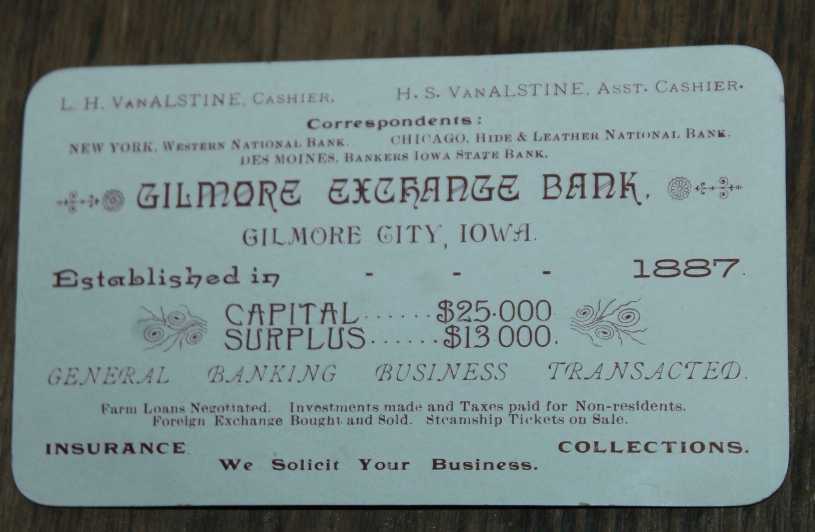 RARE ANTIQUE Trade Card 1887 GILMORE EXCHANGE BANK Iowa