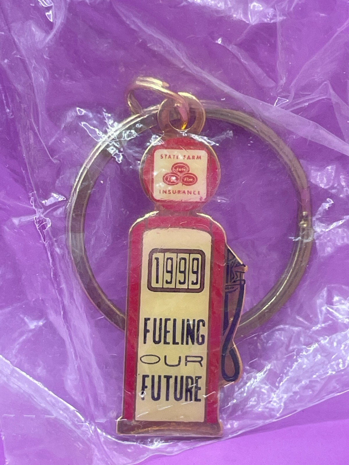 1999 State Farm “Fueling Our Future” Vintage Gas Pump Keychain, Square Logo- New