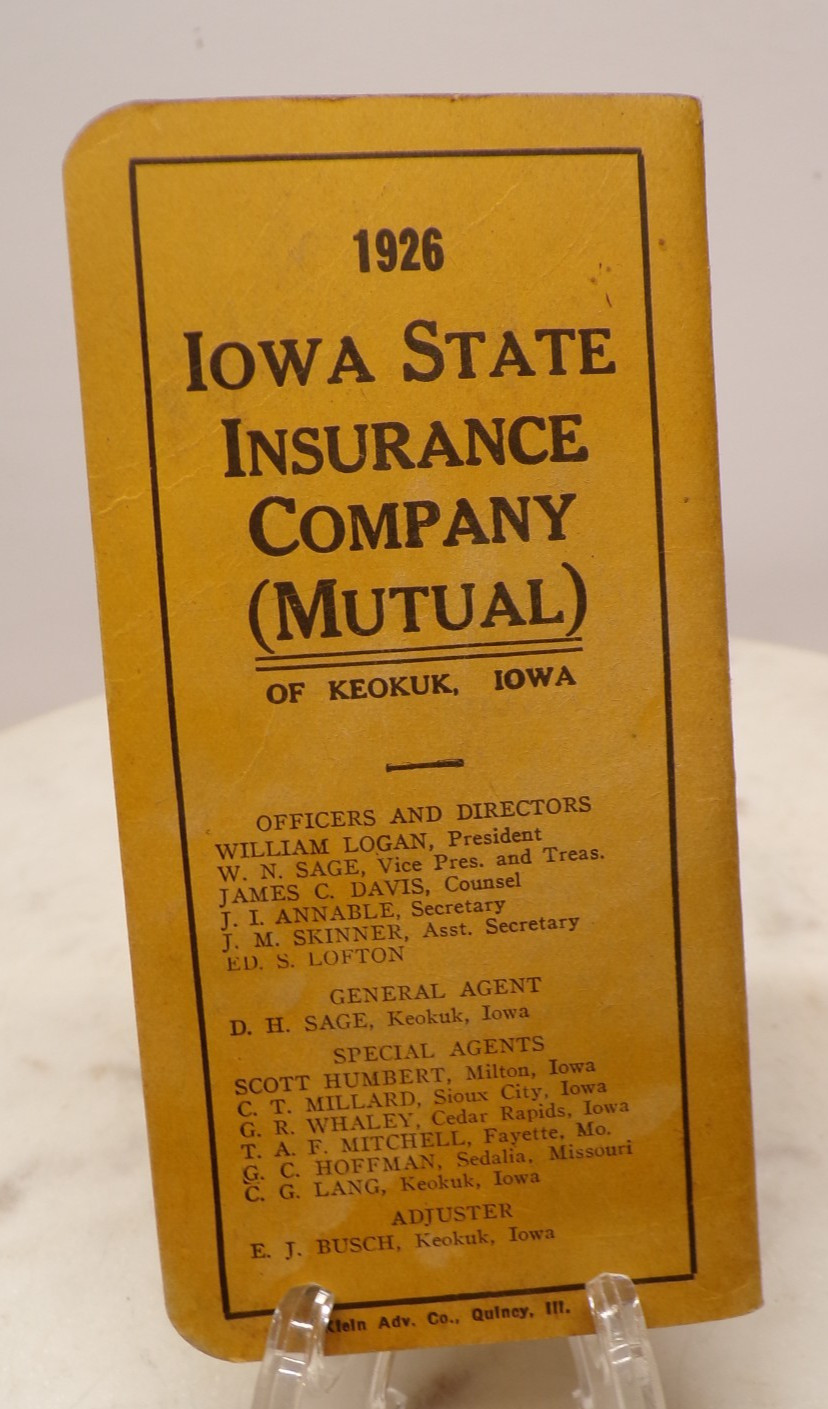 1926 Iowa State Insurance co Mutual Keokuk Iowa NAMES ON BACK IS FAMILY LISTED?