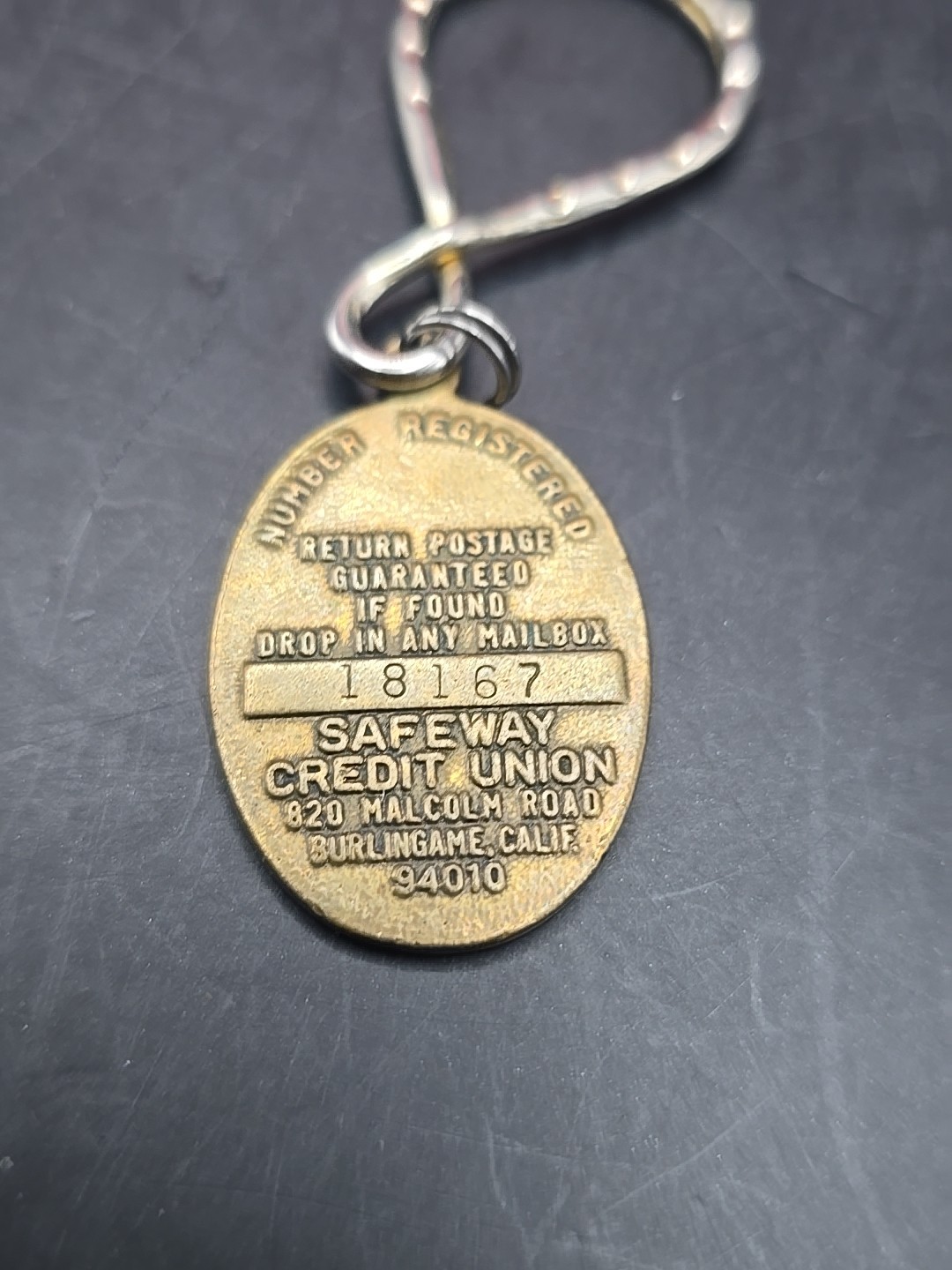 Safeway Credit Union Burlingame California Brass Keychain Fob Vintage