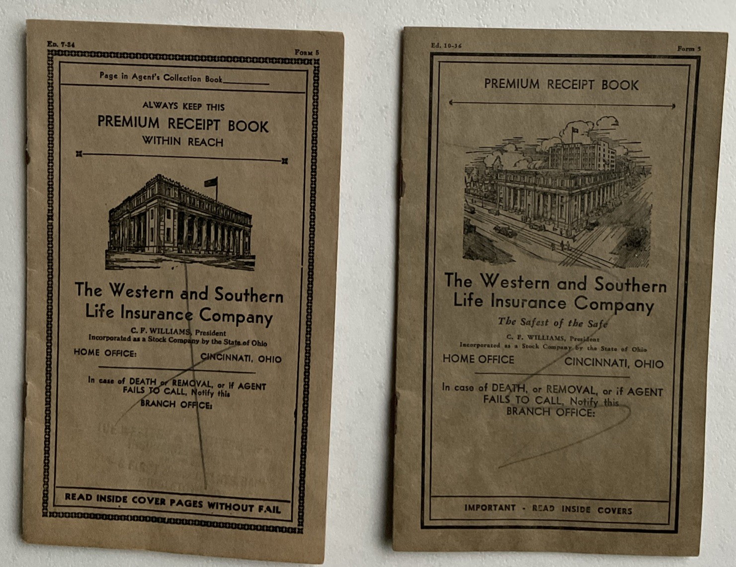 Lot Of 2 Premium Receipt Books Western & Southern Life Insurance Co Ohio Vintage