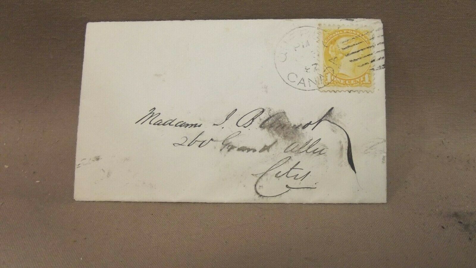1870 Victoria Orange One Cent Stamp Postal Cancel Cover Quebec 1887 Scott 35