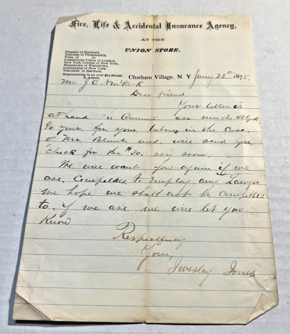 1875 Fire Life Accidental Insurance Agency at the Union Store Chatham Village NY