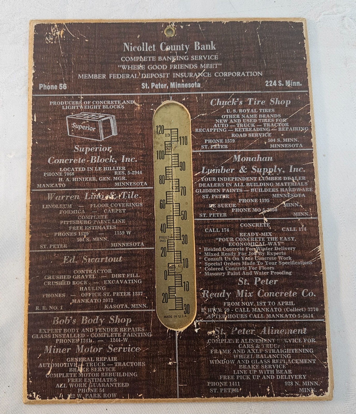 1950s St. Peter MN NICOLLET COUNTY BANK Advertising Wall Hanging
