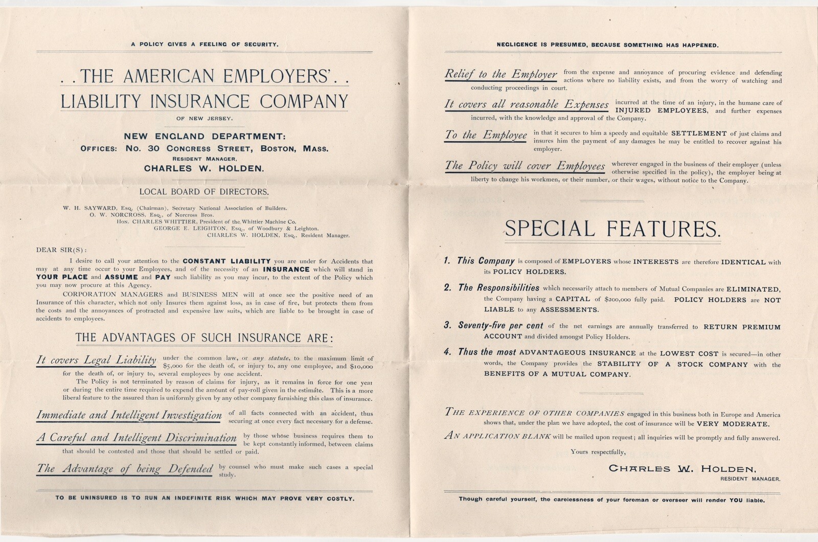 1890s AMERICAN EMPLOYERS LIABILITY INSURANCE COMPANY OF NJ ADVERTISING FLIER