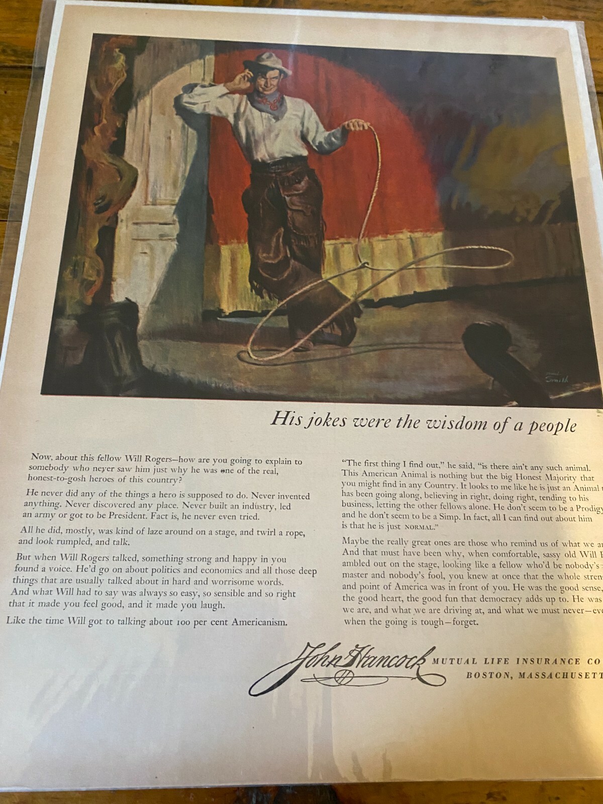 Vintage 1953 John Hancock Insurance Will Rogers ad
