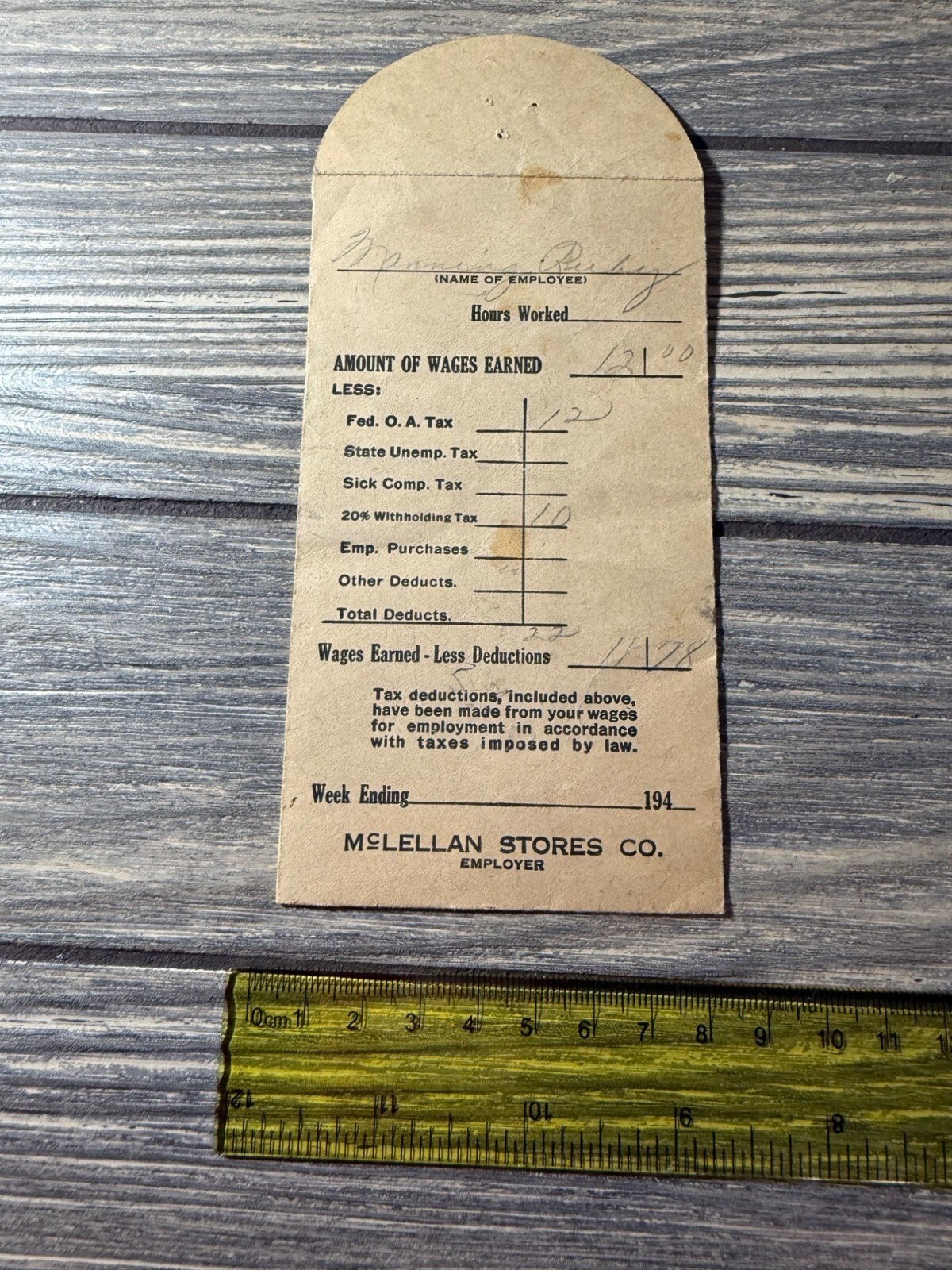 Vintage 1940s McLellan Stores Co. Employee Pay Envelope