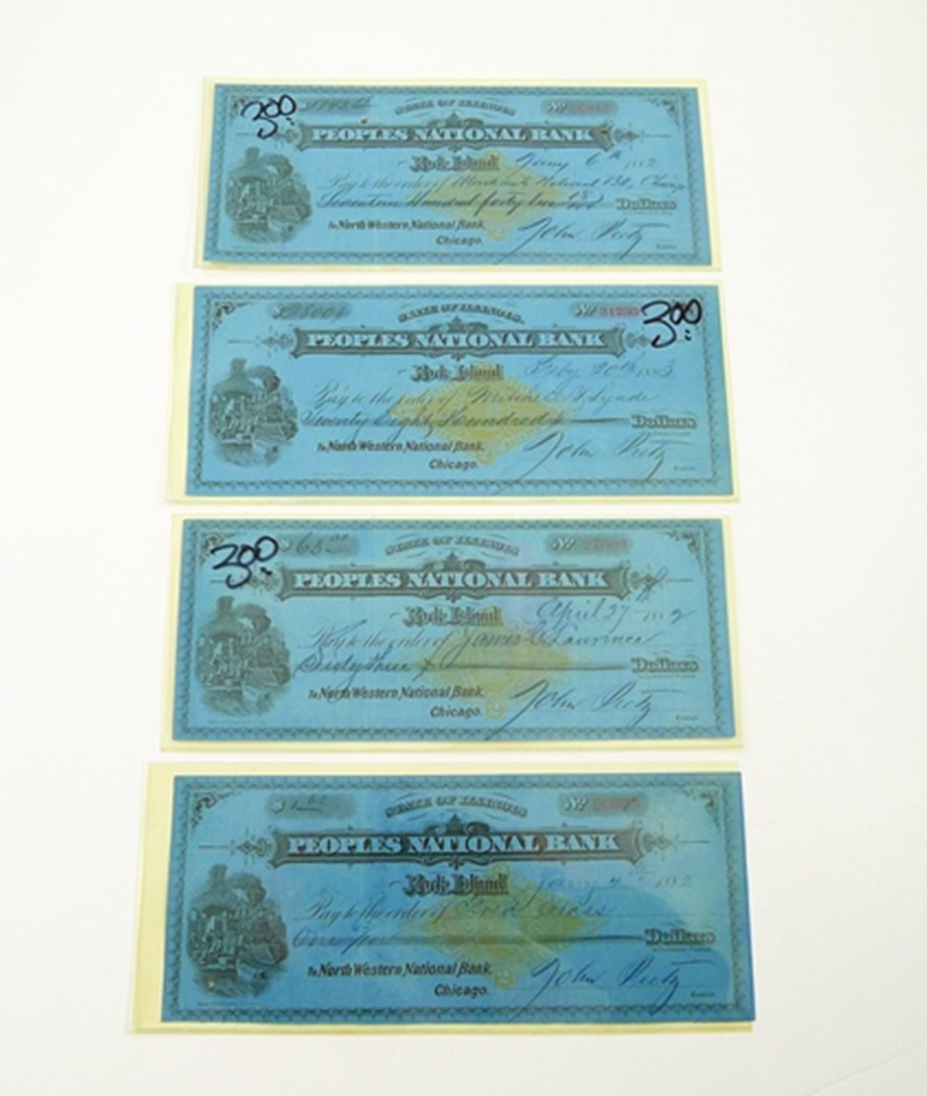 Antique PEOPLES NATIONAL BANK Check 1882 1883 Rock Island ILLINOIS North Western