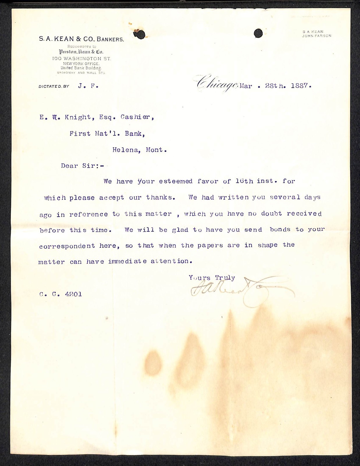 S.A. Kean & Co. Bankers Chicago 1887 TLS Letterhead E.W. Knight*, Helena, MT