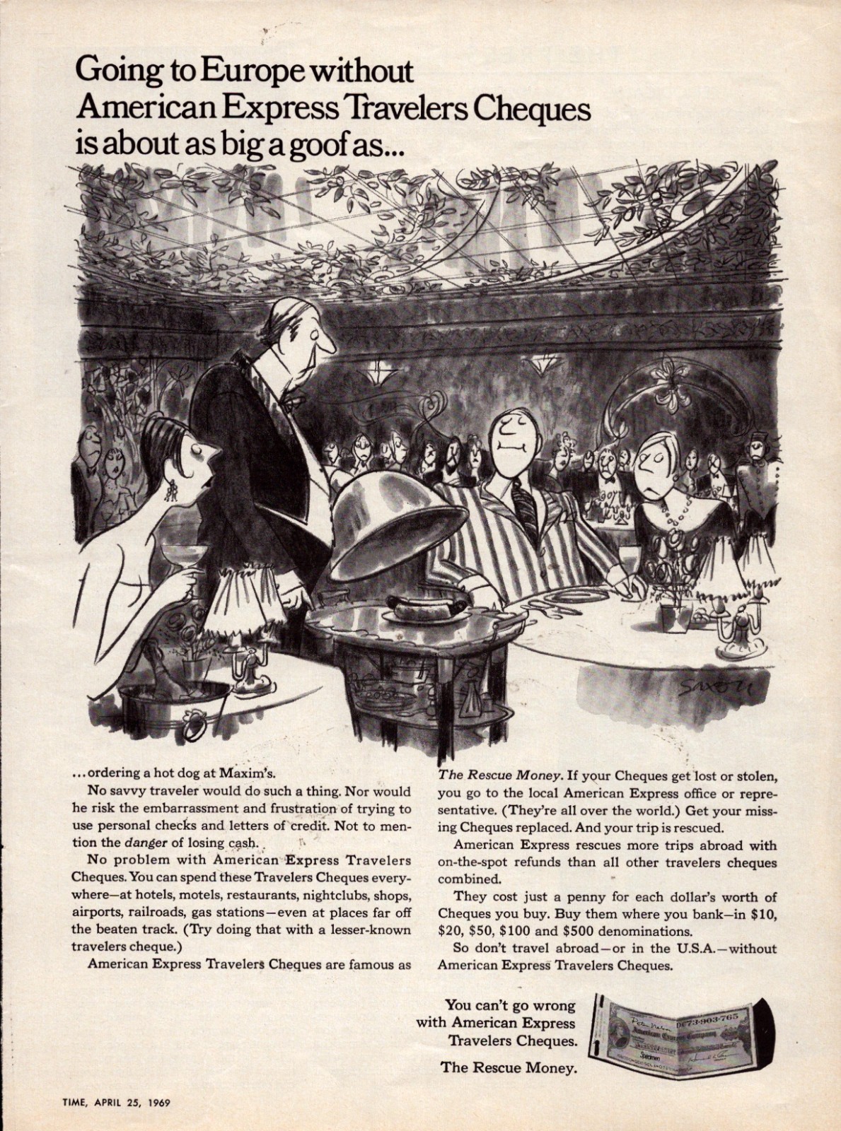 Vintage 1969 American Express Travelers Cheques Print Ad