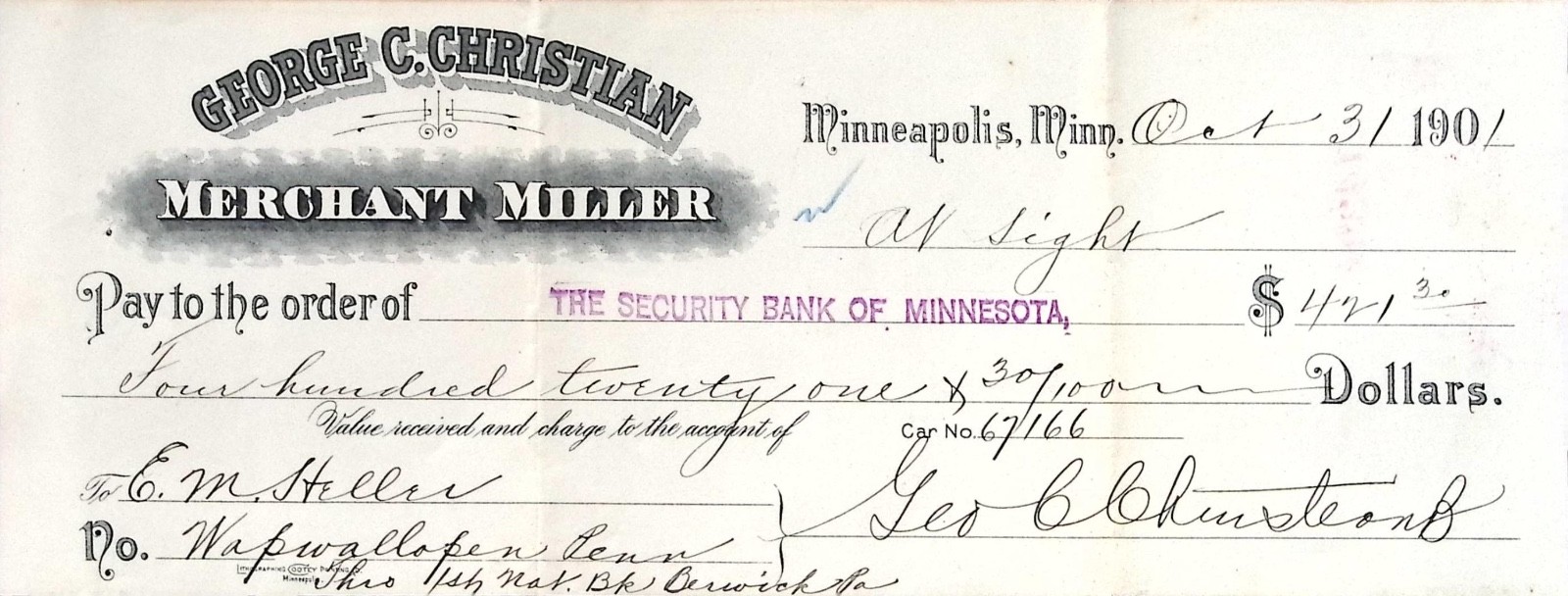 1901 George C. Christian Merchant Miller Bank Draft Minneapolis MN Check