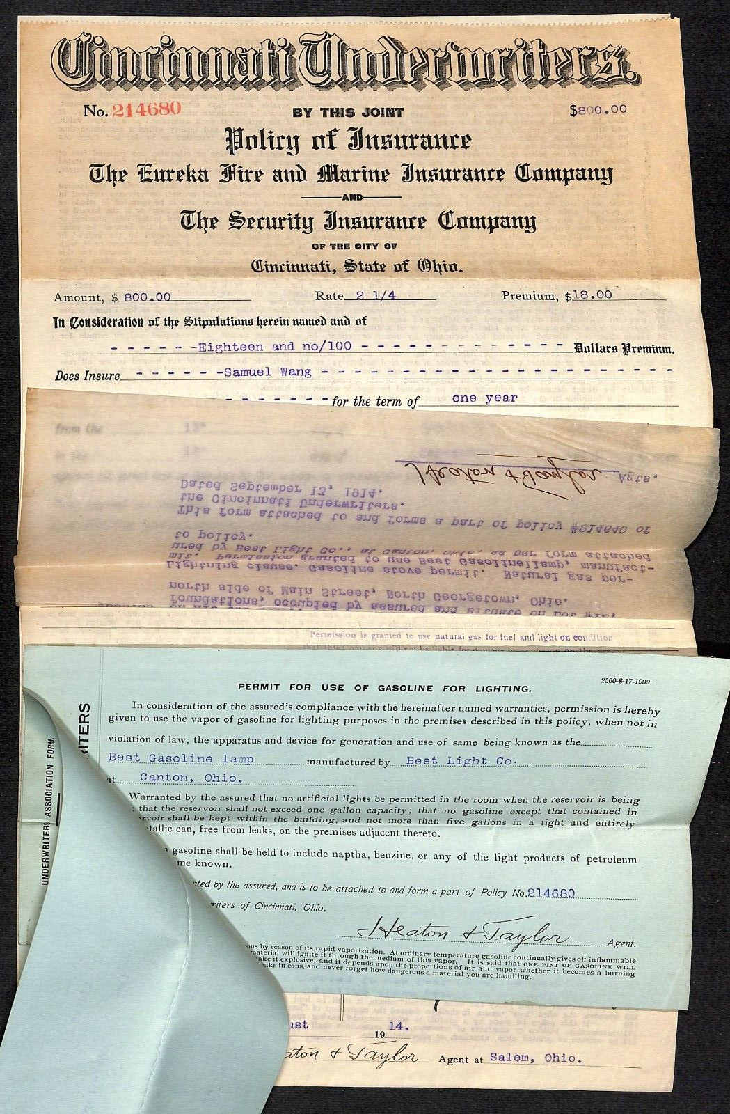Heaton & Taylor Insurance Salem Samuel Wang Co* North Georgetown 1915 Policy