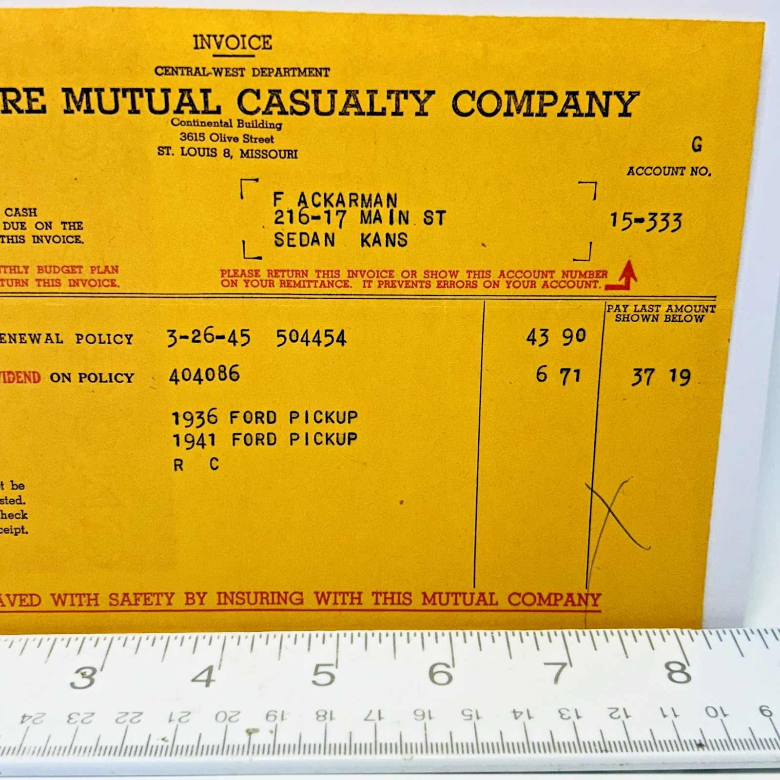 1945 Invoice Hardware Mutual Casualty Company St Louis Insurance Vintage