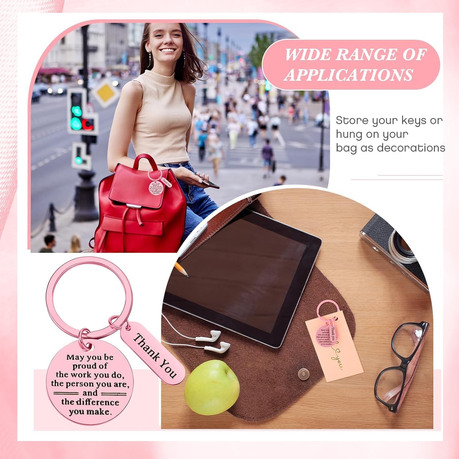 Inspirational Keychains for Coworkers: 36 Pcs with Thank You Cards in Pink Bags