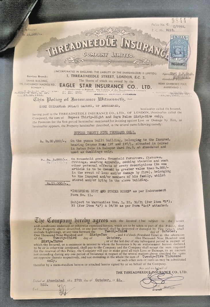 1962 THREADNEEDLE INSURANCE CO LTD fire Policy document vignette stamp India