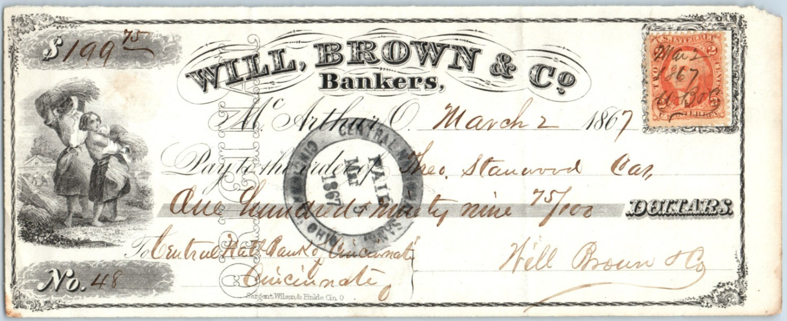 1867 Will Brown & Co Cincinnati, Ohio Bank Check w/ 2 Cent Tax Stamp 23 #DC
