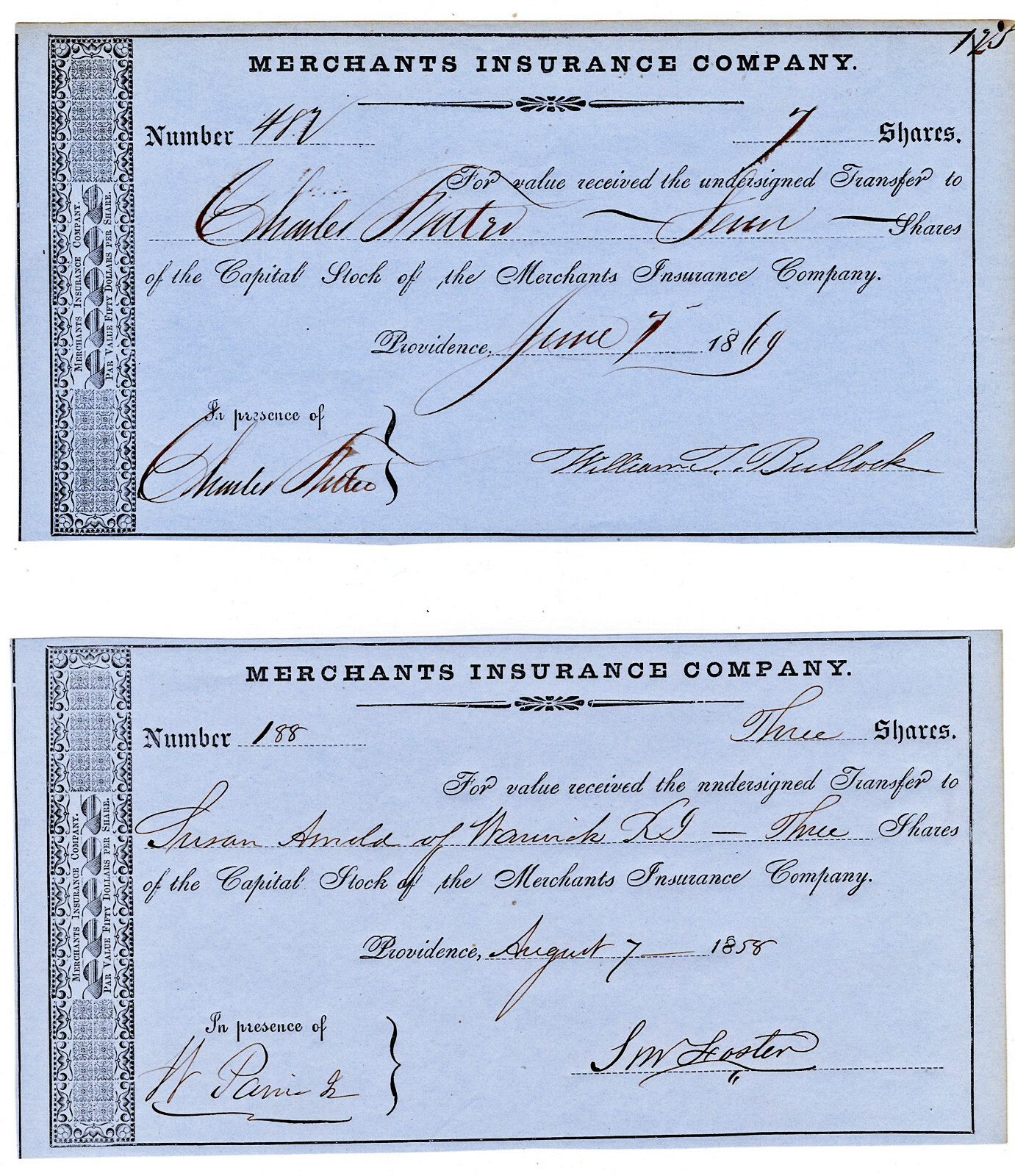 RHODE ISLAND Merchants Insurance Co. LOT OF SIX (6) Certificates 1850’s – 1870’s