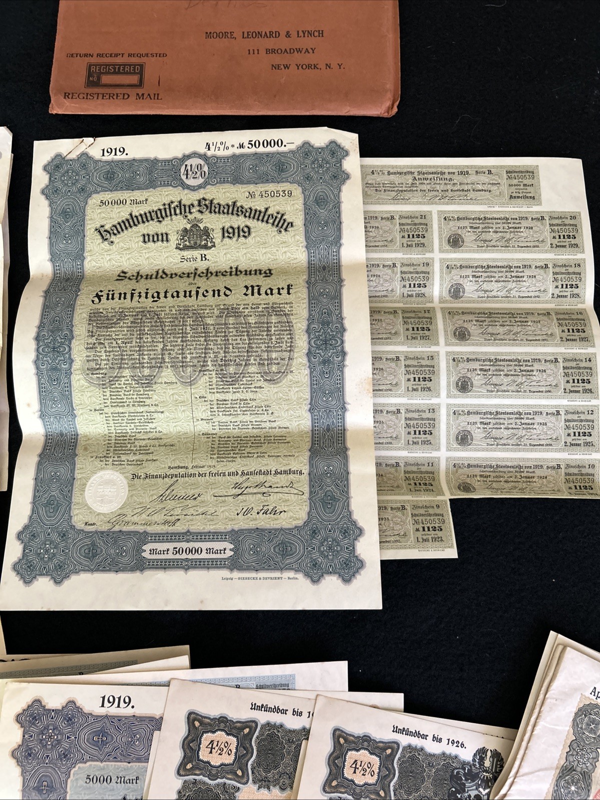 2 Sets Of 5 German War Bonds W Coupons 100,000 – 2,000 Marks 1919-‘26 Original