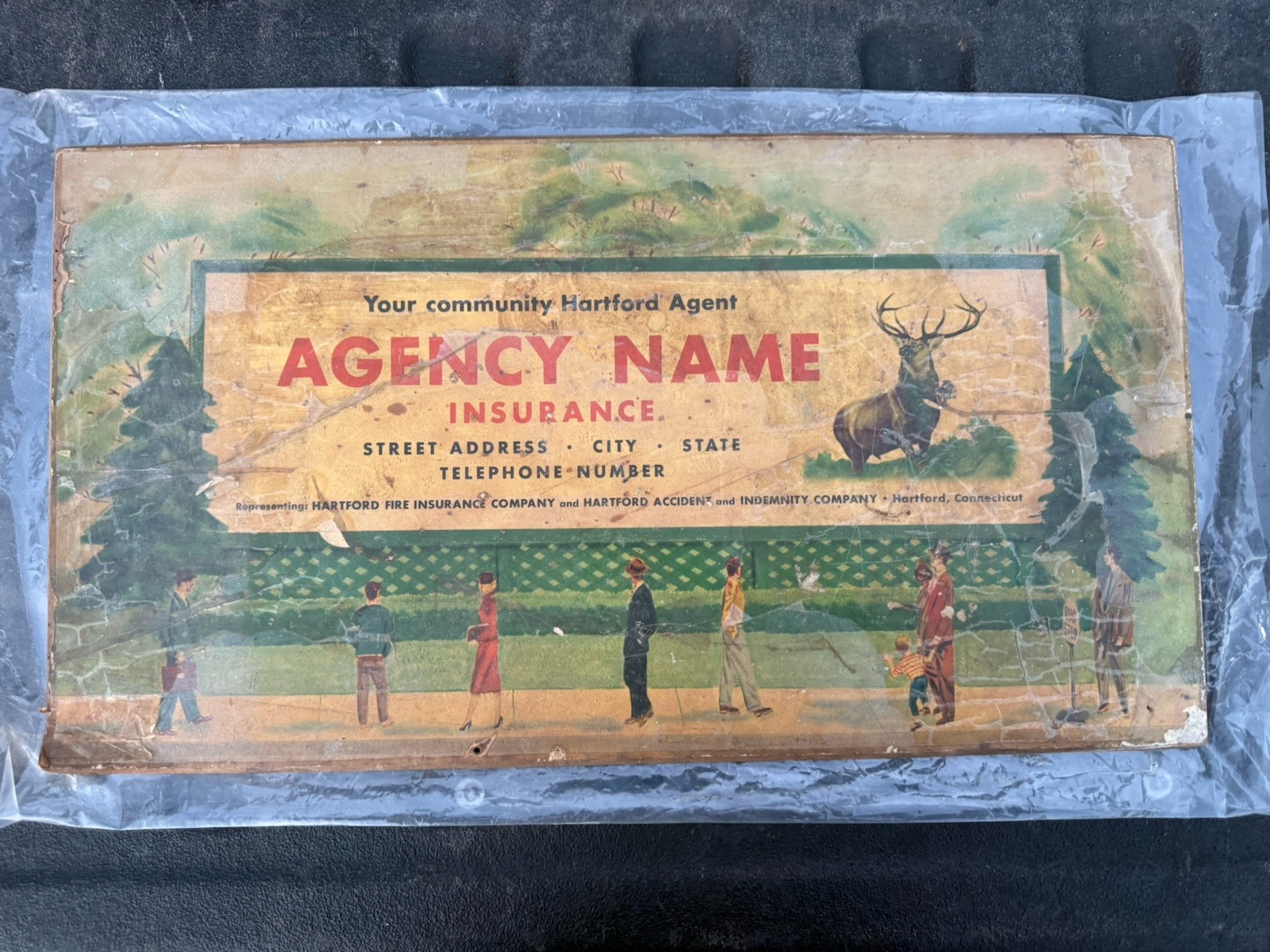 Vintage Hartford Insurance Agency Advertising Sign Stag Logo Masonite Board