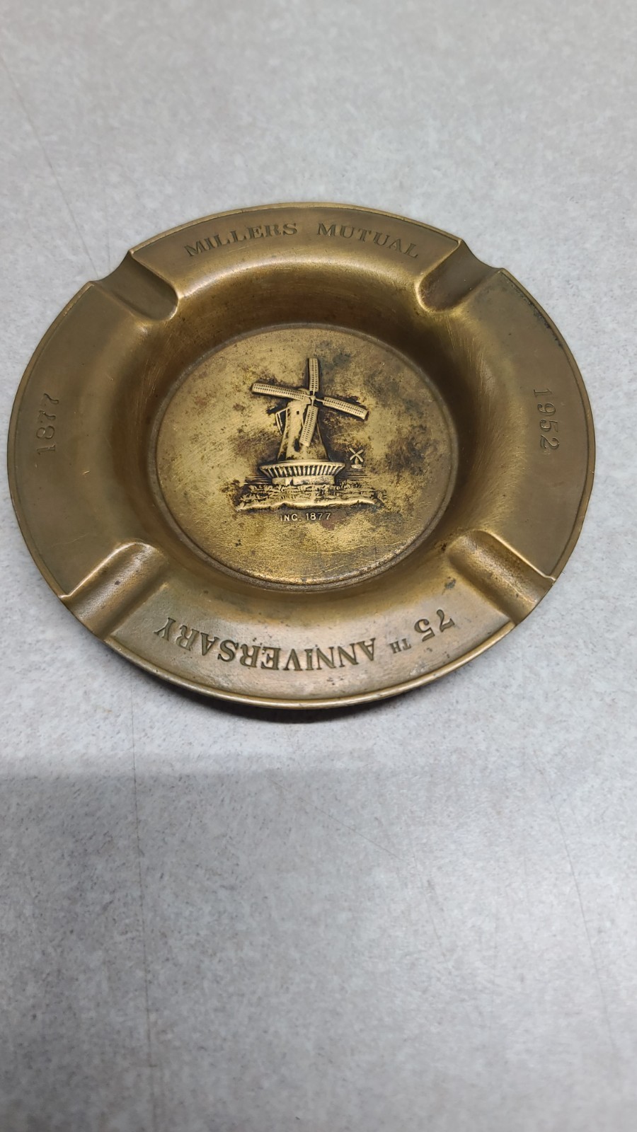 1952 Ashtray MILLERS MUTUAL INSURANCE OF ILLINOIS 75th Anniversary 4″ Copper (B1